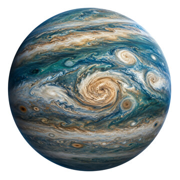 Detailed gas giant planet with swirling blue beige storms and atmospheric bands space object astronomy isolated on a transparent background