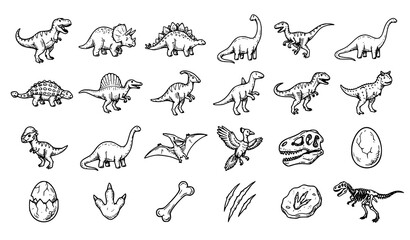 Dinosaur Doodle Illustration Vector Set with T-Rex, Triceratops, Stegosaurus, Pterodactyl, Skeleton, Egg, Skull, and Prehistoric Reptile Icons © Arslanur
