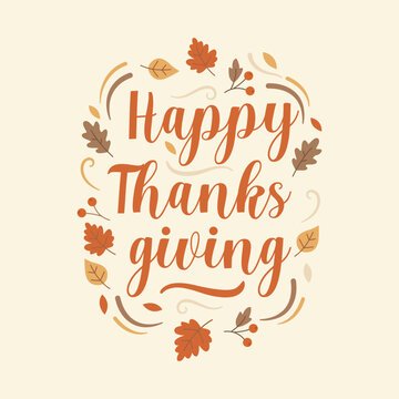 Happy Thanksgiving Greeting Card with Autumn Leaves and Hand Lettering
