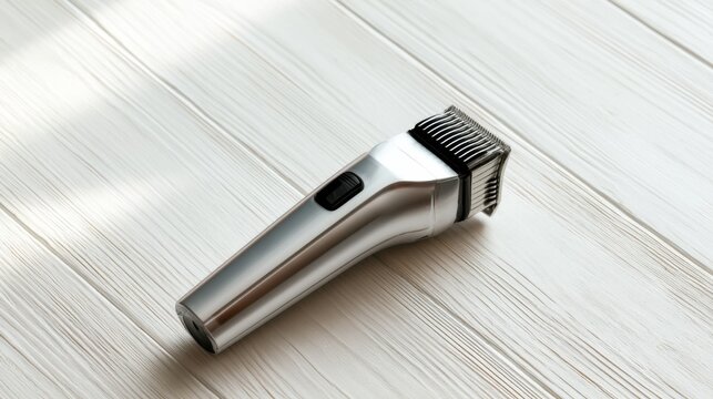 Electric hair clipper on a wooden surface in bright light