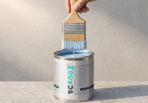 Paint Can Label Mockup with Hand Lifting Paintbrush