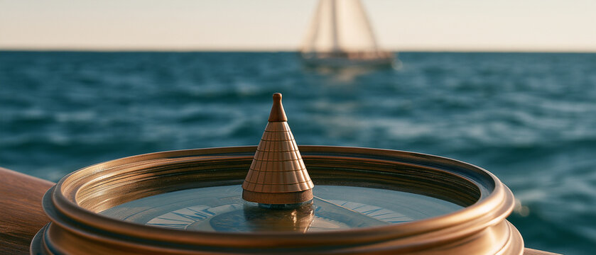 Nautical Navigation: A close-up shot of a brass compass on the deck of a sailboat, with the vast blue ocean and another sailboat in the background under a clear sky.