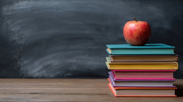Bright educational collection, Colorful books with apple on desk, Vivid array of textbooks and school supplies on table, Lively assortment of educational books and accessories prepared for learning