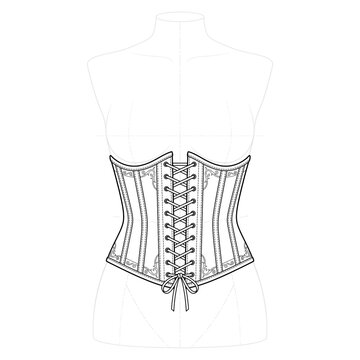 Hand drawn sketch of gothic underbust corset belt. 3/4 view.