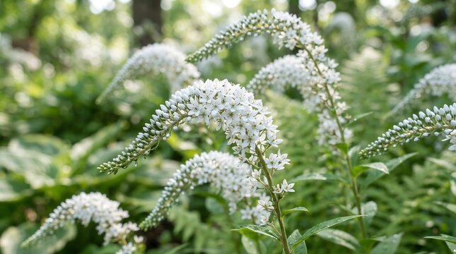 Close up of beautiful white gooseneck loosestrife flowers blooming in a lush green summer garden
