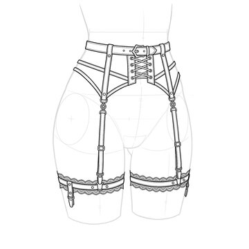 Hand drawn sketch of gothic suspender belt with clips. Front view.
