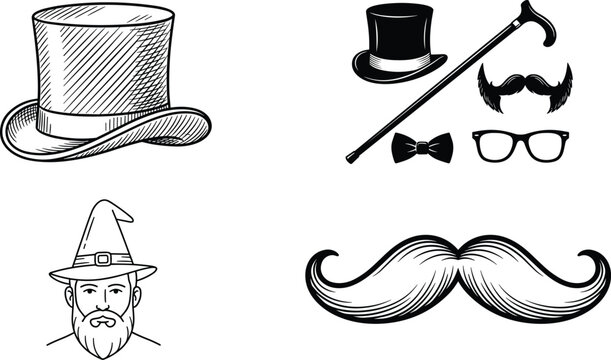 Black and white vintage gentlemen accessories vector set with top hat mustache and cane