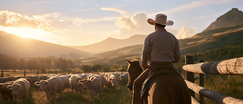 Ranch Life at Sunset: A lone cowboy on horseback surveys his herd of cattle in a picturesque landscape as the sun sets, casting a warm, golden glow over the rolling hills and rugged mountains.
