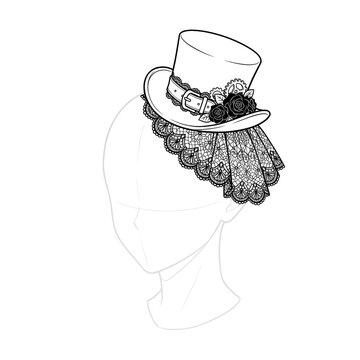 Hand drawn sketch of gothic mini top hat with veil. Front view.