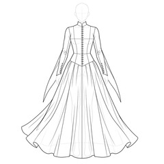 Fototapeta premium Hand drawn sketch of late gothic cotehardie dress isolated on white background. Ink line art illustration.