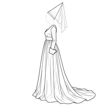 Hand drawn sketch of burgundian late gothic dress isolated on white background. Ink drawing style.