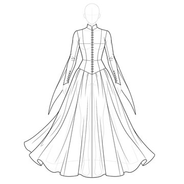 Hand drawn sketch of late gothic cotehardie dress isolated on white background. Ink line art illustration.
