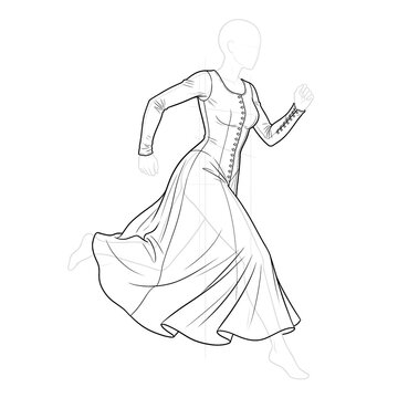 Hand drawn sketch of late gothic cotehardie dress isolated on white background. Technical illustration.