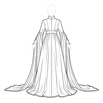 Hand drawn sketch of late gothic dress with tippet sleeves isolated on white background. Ink illustration.
