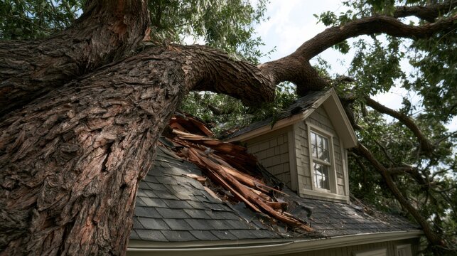 Strong tree branch damages roof of house after storm in a residential area