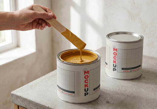 Paint Cans Label Mockup with Hand Stirring