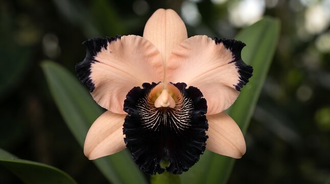 Closeup of a beautiful peach colored cattleya orchid flower with dark purple ruffles blooming in a garden