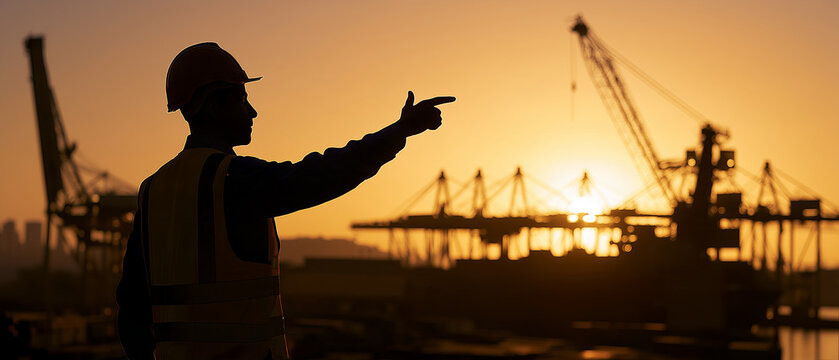 Dockworker Directing Operations at Sunset: A lone silhouette of a dockworker, wearing a hard hat and reflective vest, points towards the expansive port as the sun sets behind industrial cranes.
