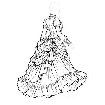 Hand drawn sketch of gothic bustle dress isolated on white background. Technical illustration.