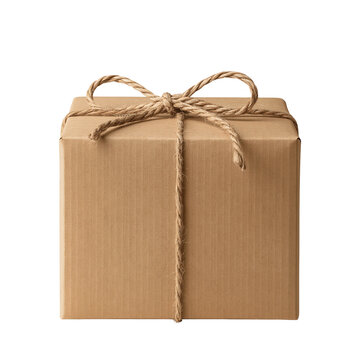 Gift box with simple brown packaging tied with string on a white background ready for giving on any occasion