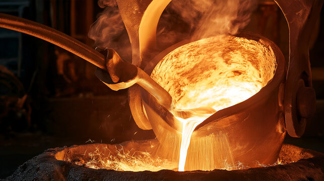 Molten Metal Pour: A dramatic close-up captures the intense heat and vibrant glow of molten metal being poured from a ladle into a foundry mold.