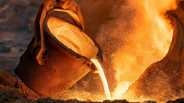 Molten Metal Pour: A crucible overflows with incandescent molten metal, cascading into a fiery pool, illuminating a dark industrial scene with intense heat and vibrant orange glow.