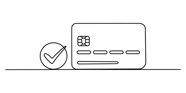 continuous line drawing Black outline icon of a credit card with a check mark symbol for payment success