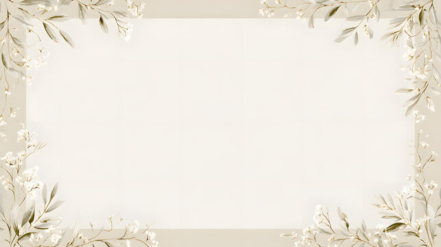 Royal wedding ornamental border frame, elegant floral motifs, intricate vintage filigree corners, subtle gold accents and graceful vines, luxurious ivory and champagne palette.
