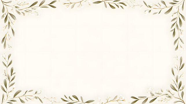 Modern minimalist wedding border frame, delicate olive branches, tiny white blossoms and simple curved botanical elements around the edges, neutral beige and ivory palette.