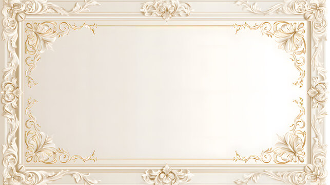 Luxury gold wedding border frame, intricate thin gold ornamental corners, subtle botanical leaves and elegant flourishes around the edges, creamy white background.