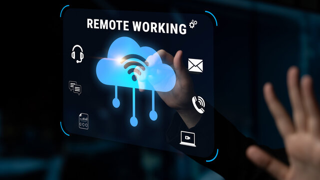 Depiction of cloud technology for remote working showcasing various online communication tools and virtual connections designed to improve productivity and teamwork in a digital workspace. Nascent