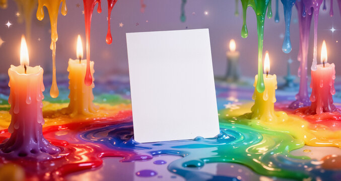 Iridescent, holographic candles shimmer with impossible colors, leaving a clean, dark patch that seems to absorb the light, ready for text. Whimsical & Magical
