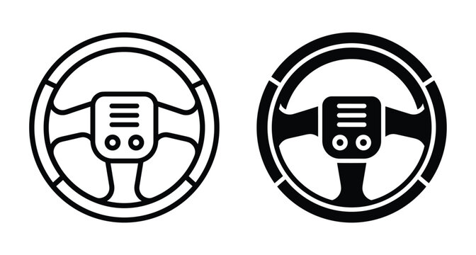 Steering wheel icon set featuring outline and solid styles for automotive interface design car control symbol for mobile apps web