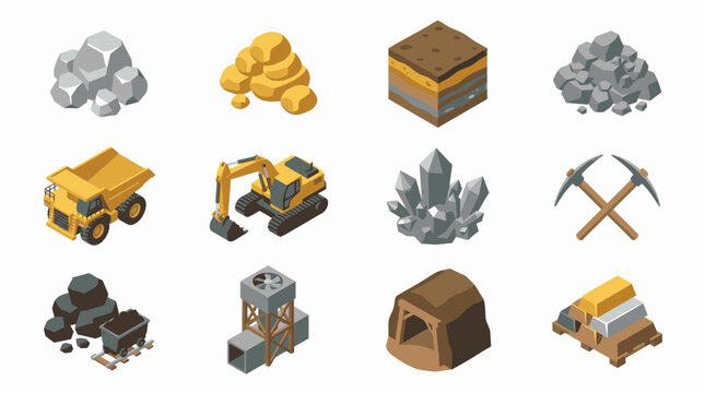 Clean Isometric of Mining and Mineral Extraction Process with Various Equipment and Materials with high quality professional line art symbols for modern creative design and digital branding projects