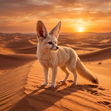 Curious Fennec Fox Standing on Desert Dune at Golden Sunset