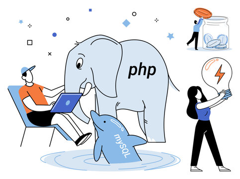 Software developers working with PHP and MySQL database technology vector illustration. Coding, web development, database management, backend programming, startup innovation, digital solutions