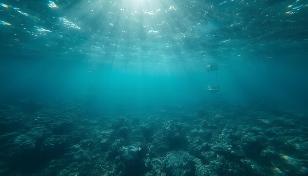 Submerged metal cage structure floating in deep blue ocean waters