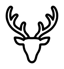 Fototapeta premium Frontal deer stag head silhouette featuring pointed ears, a tapered muzzle, and large branching multi-tined antler horns extending upward, clean outline vector icon on a plain white backdrop