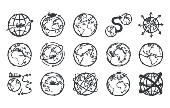 Worldwide transportation doodle collection made via loose drawings of cargo vessels traveling across globe maps import export commerce elements
