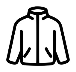 Warm insulated winter down jacket apparel featuring a tall stand collar along with a full center zipper and twin side pockets, cold weather outerwear vector icon on a plain white background © Hussan