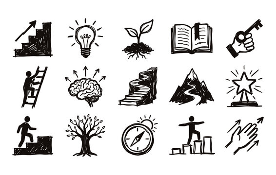 Hand drawn doodle vector illustrations of career growth stairs ladder climbing businessman knowledge book lightbulb and success key for personal development