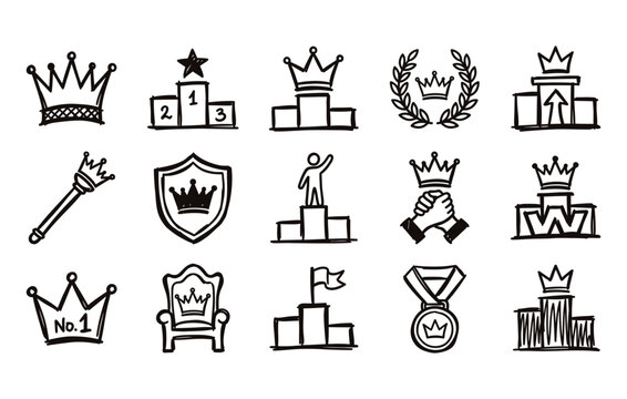Hand drawn doodle illustrations of royal winner crowns champion podium pedestals and first place award medal on white background