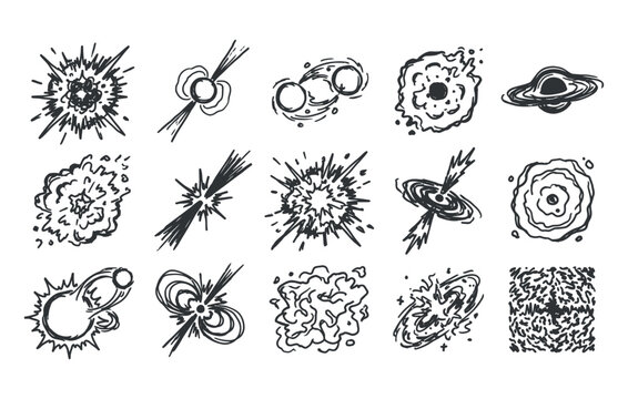 Supernova explosion and black hole vector collection featuring cosmic blasts galaxy phenomena and space anomalies in sketch style
