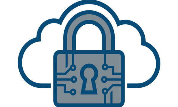 Cloud security icon with digital padlock, cyber safety and data protection concept, blue and grey network storage encryption vector illustration