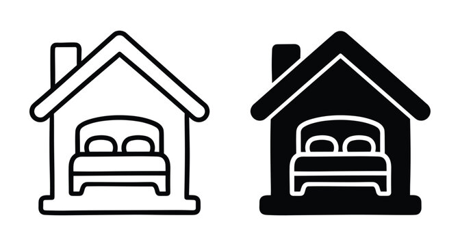 House icon with bed inside representing hotel accommodation bedroom stay lodging real estate property rental home guest room apartment suite