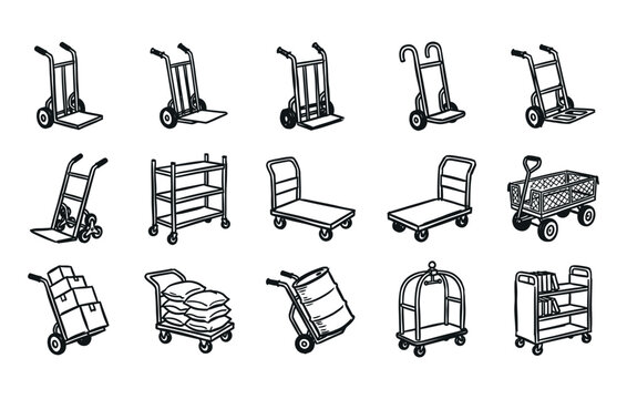 Warehouse hand trucks and logistics cargo dollies with stair climber wheel platform push cart and boxes hand drawn doodle vector illustrations