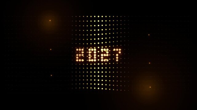 2027 digital countdown timer with glowing led dot matrix display and abstract particle background, for new year, or future tech concepts