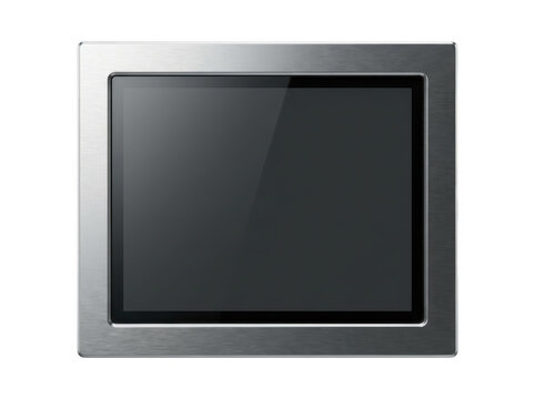 Modern metallic-framed touchscreen display with reflective surface for tech product showcases.