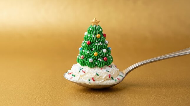 A charming mini Christmas tree dessert made with green frosting and tiny decorations, presented on a spoonful of festive, snowy ice cream on gold, decoration, festive, delightful