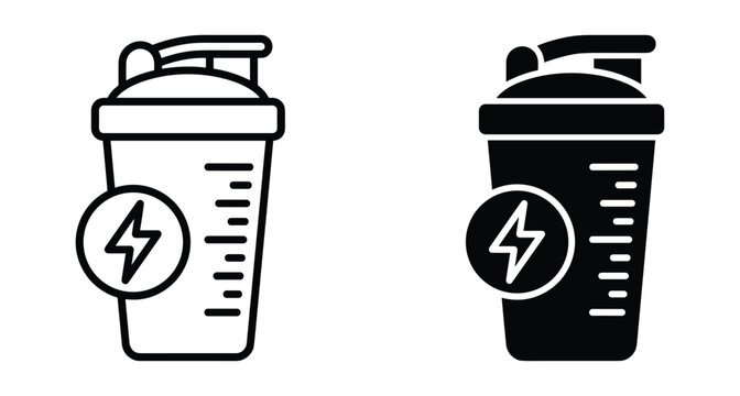 Protein shaker bottle icon set with lightning bolt energy symbol for fitness supplements gym workout nutrition and sports drink mixing